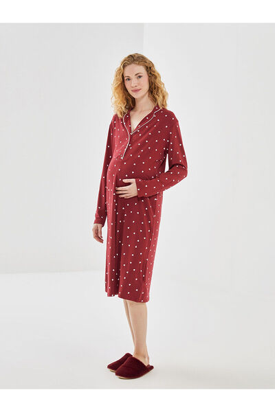 LC Waikiki Shirt Collar Polka Dot Maternity Nightgown