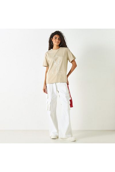 SP Characters Tweety Detail Crew Neck T-shirt with Short Sleeves