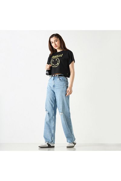 SP Characters Nirvana Print Crop Top with Extended Sleeves