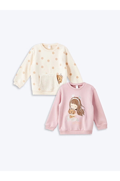 LC Waikiki LCW Kids Ekru Baskılı Bisiklet Yaka Uzun Kollu Baskılı Kız Çocuk Sweatshirt 2'li