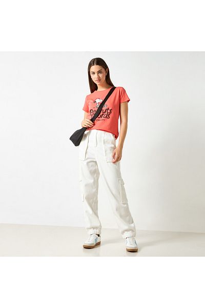 SP Characters Peanuts Print Crew Neck T-shirt with Short Sleeves