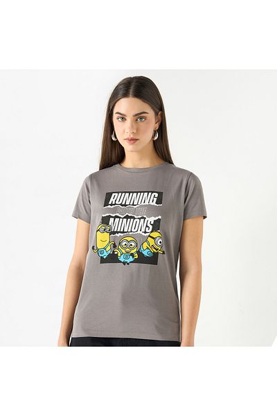 SP Characters Minion Print Crew Neck T-shirt with Short Sleeves