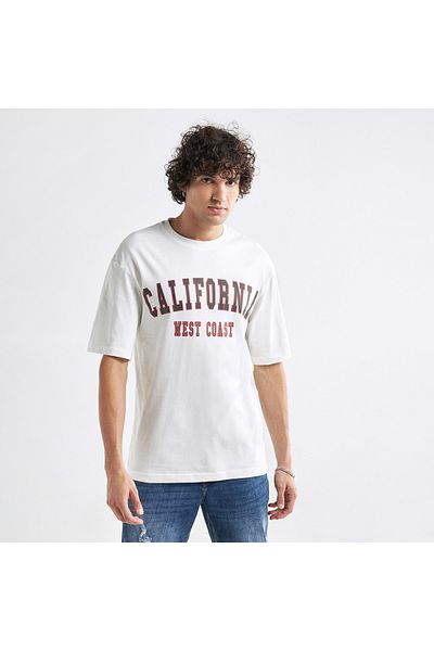 FAV Typography Print Oversized T-shirt with Short Sleeves and Crew Neck
