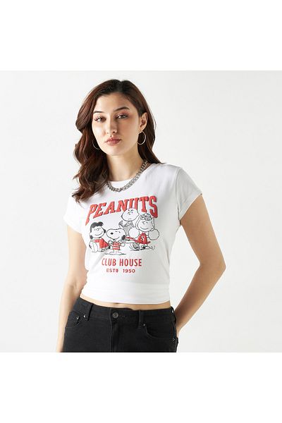 SP Characters Peanuts Print T-shirt with Crew Neck and Cap Sleeves