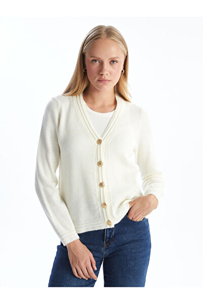 LC Waikiki Ecru V-Neck Women's Knitwear Cardigan