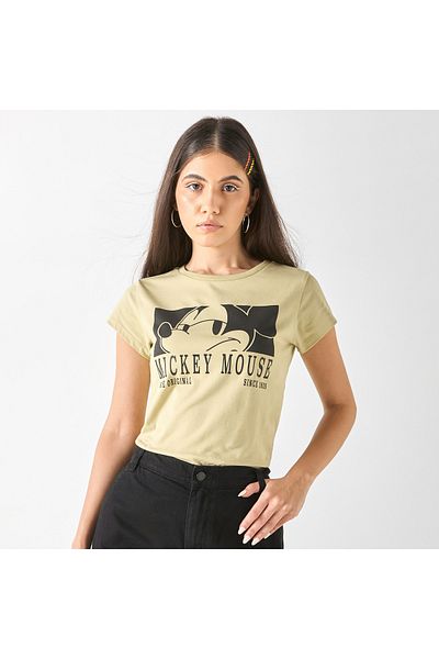 SP Characters Mickey Mouse Print Crew Neck T-shirt with Short Sleeves