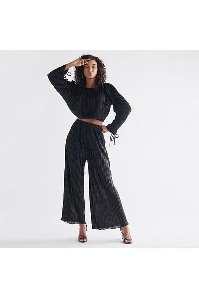 FAV Pleated Crop Top with Balloon Sleeves and Ruffle Detail