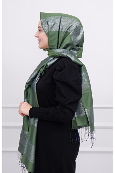 ipekevi Simli Blok İpek Şal 04088 Çam Yeşili
