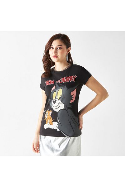 SP Characters Tom and Jerry Print Round Neck T-shirt with Short Sleeves