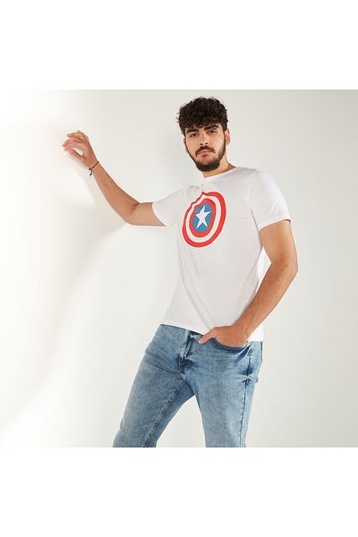 SP Characters Captain America Print Crew Neck Slim Fit T-shirt with Short Sleeves