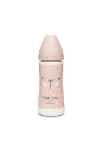 Suavinex Biberon 360 ml ml cu tetin? rotund? din silicon, debit dens, pisic? roz Hygge Suavinex