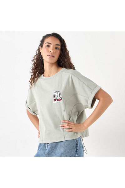 SP Characters Sakura Haruno Embroidered T-shirt with Crew Neck and Extended Sleeves