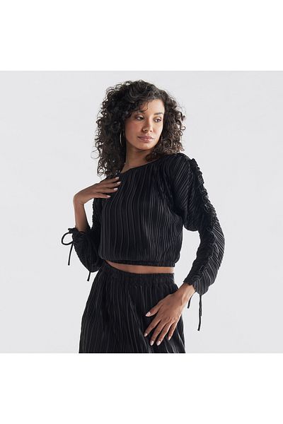 FAV Pleated Crop Top with Balloon Sleeves and Ruffle Detail