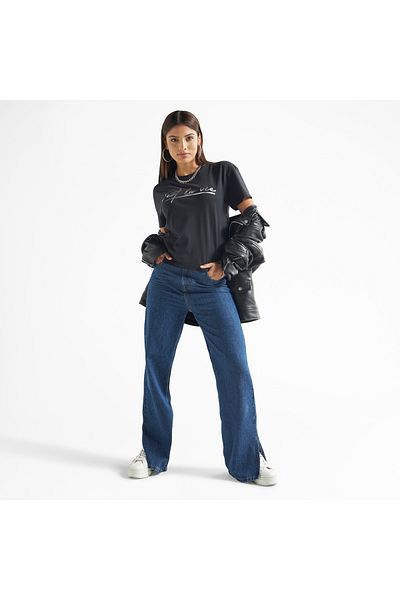 FAV Slogan Print T-shirt with Round Neck and Drop Shoulder Sleeves
