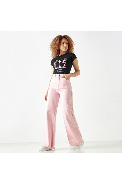 SP Characters Pink Panther Print Crew Neck T-shirt with Short Sleeves