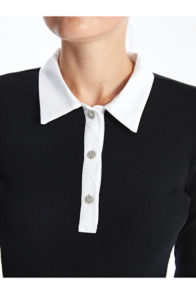 LC Waikiki LCW Comfort Siyah Gömlek Yaka Dokulu Kadın Elbise