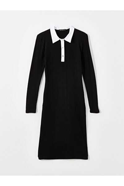 LC Waikiki LCW Comfort Siyah Gömlek Yaka Dokulu Kadın Elbise