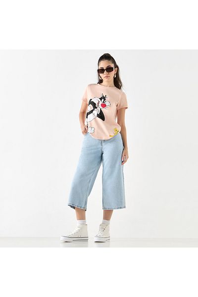 SP Characters Sylvester and Tweety Print T-shirt with Crew Neck and Short Sleeves
