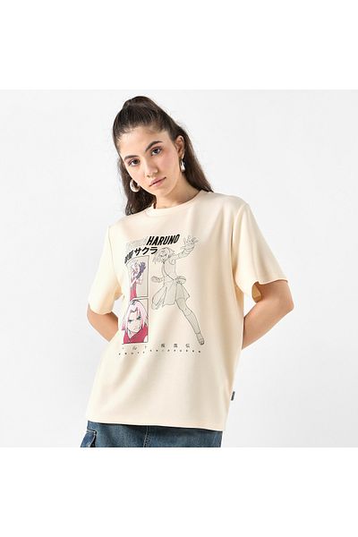 SP Characters Sakura Haruno Print Crew Neck T-shirt with Short Sleeves