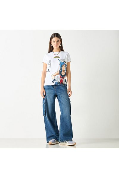 SP Characters Anime Print Crew Neck T-shirt with Short Sleeves