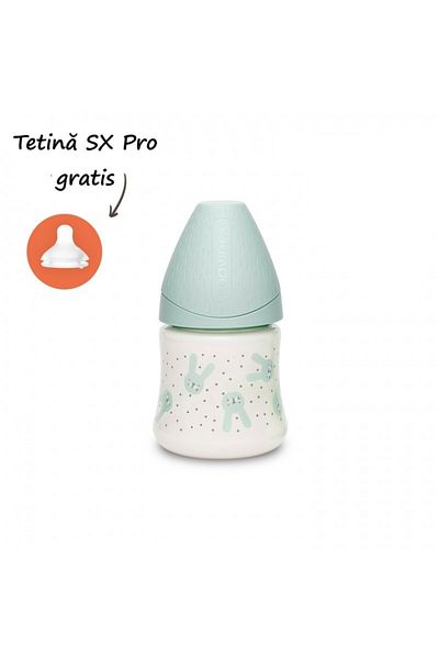 Suavinex Biberon 150 ml cu tetin? rotund? din silicon, debit lent, iepura? verde Hygge Suavinex
