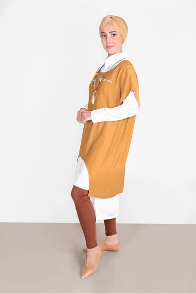 TRENDTESETTÜR Women's Orange (MUSTARD-WHITE) Double Tunic 56208