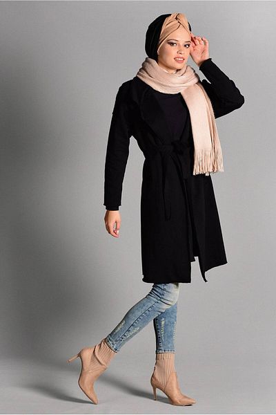 TRENDTESETTÜR Women's Black Belted and Pocket Detailed Cardigan 3319