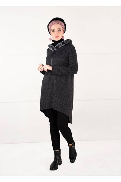 TRENDTESETTÜR Women's Gray (ANTRESIT) Plush Zipper Detailed Tunic 13741