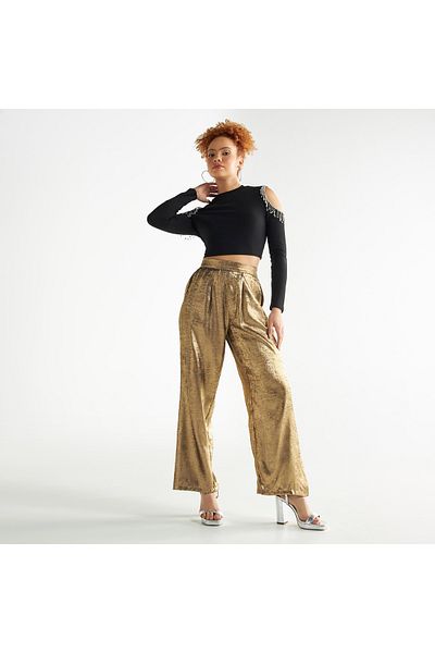 FAV Textured Wide Leg Pants with Semi-Elasticated Waistband and Pockets