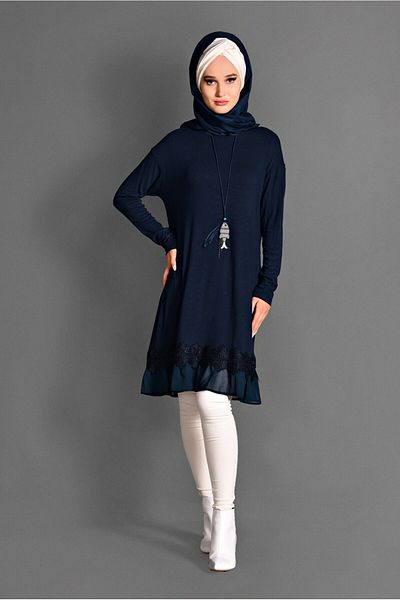 TRENDTESETTÜR Women's Navy Blue Combed Cotton Tunic with Skirt Detail 4594