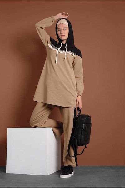 TRENDTESETTÜR CAMEL-BLACK Σετ παντελονιών 2 τεμαχίων για γυναίκα με κεντημένη φούντα - 9655