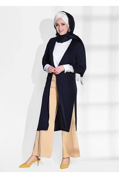 TRENDTESETTÜR Women's Navy Blue Cardigan with Side Slit Detail 124