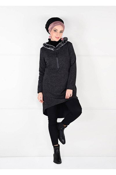 TRENDTESETTÜR Women's Gray (ANTRESIT) Plush Zipper Detailed Tunic 13741