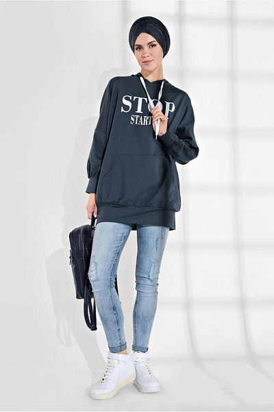 TRENDTESETTÜR Women's Navy Blue Text Printed Pocketed Tracksuit Tunic 6102