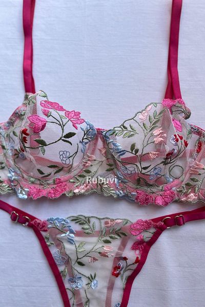 Rubuvi Defne Women's Floral Print Lace Tulle Bralet and Dowry Lingerie Set