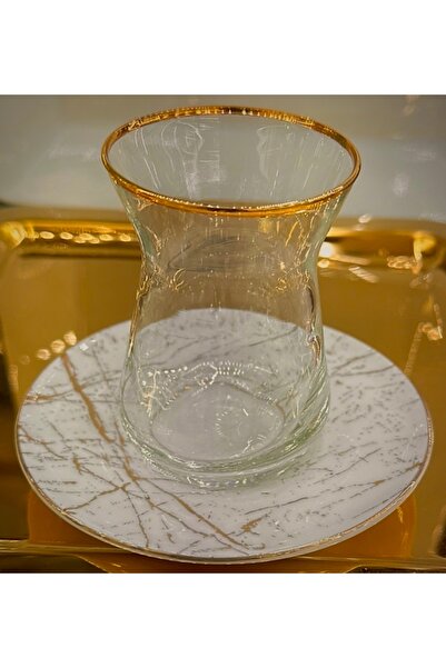 DUKKANI ISTANBUL طقم شاي ذهبي من الرخام الأبيض مكون من 6 قطع