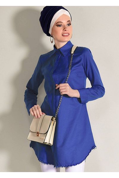 TRENDTESETTÜR Women's Navy Blue (SAKS) Men's Collar Tassel Detailed Tunic 6365