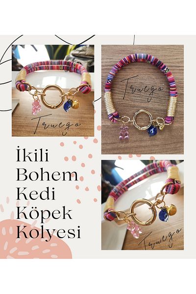 Truego Double Cat Dog Collar Bohemian Cat Necklace Spring Lock - Pink