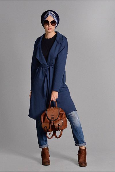 TRENDTESETTÜR Women's Navy Blue (Ndigo) Pocket Detailed Belted Cardigan 3319