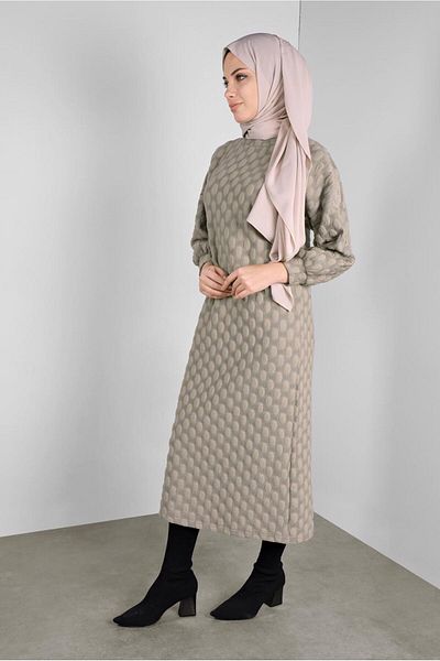 TRENDTESETTÜR Women's Beige Pompom Patterned Long Tunic 4234
