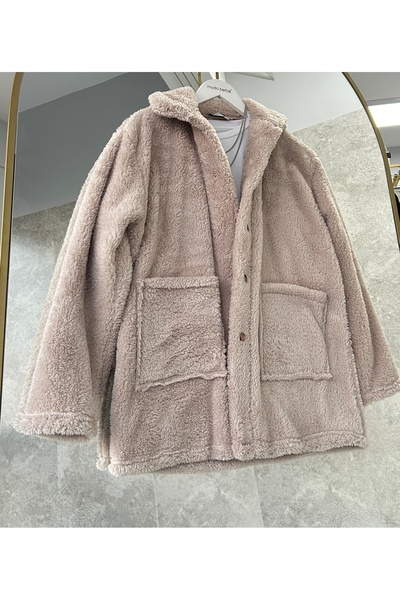 modabetce Overize Women's Buttoned Double Pocket Plush Jacket