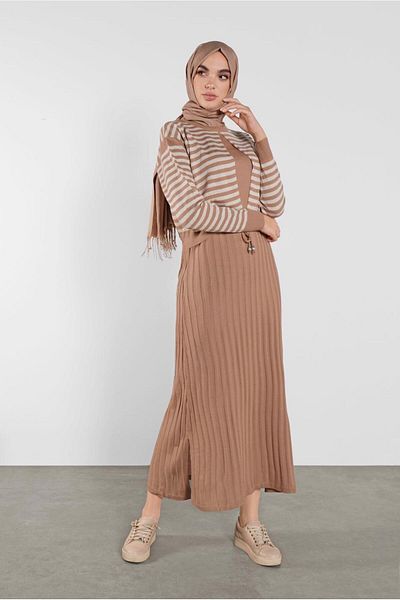 TRENDTESETTÜR Γυναικείο Καφέ (CAMEL) Ριγέ Φόρεμα 4202