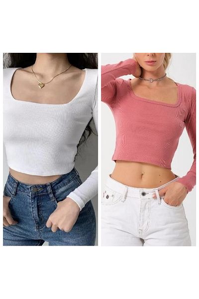 Lorya Giyim Pack of 2 100% Cotton Ribbed Camisole Square Collar Long Sleeve Crop Blouse