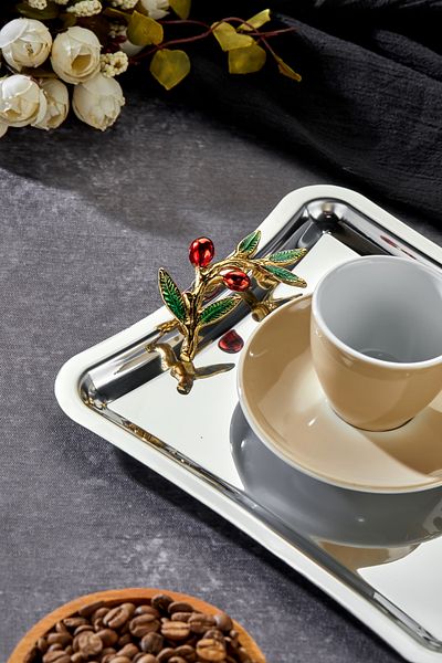 Milenay Elegante Square Series - Duo Bacche Rosso Handle Patterned Chrome Presentation Tray, 22cm, Single Piece