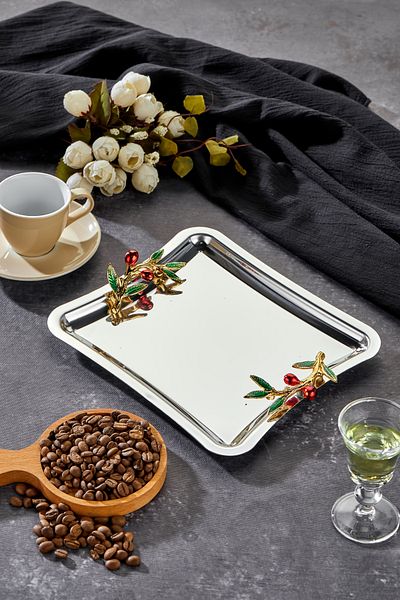 Milenay Elegante Square Series - Duo Bacche Rosso Handle Patterned Chrome Presentation Tray, 22cm, Single Piece