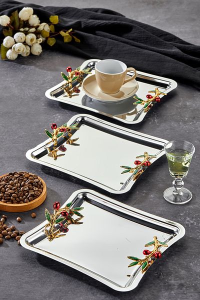 Milenay Elegante Square Series - Duo Bacche Rosso Handle Patterned Chrome Presentation Tray, 22cm, 3 Pieces