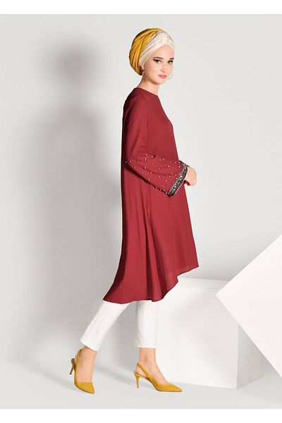 TRENDTESETTÜR Women's Red Bead Embroidered Asymmetric Cut Tunic 02071