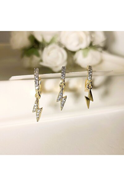 POKAK Gümüş ve Gold Renk Sallantılı Çoklu Şimşek  Zirkon Küpe