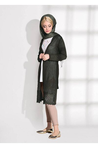 TRENDTESETTÜR Women's Khaki Skirt Tip Guipure Detailed Cardigan 48102