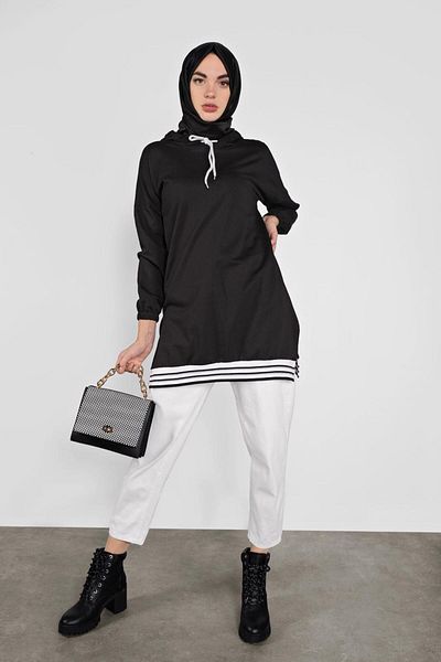 TRENDTESETTÜR Women's Black Hooded Striped Sports Tunic 5055
